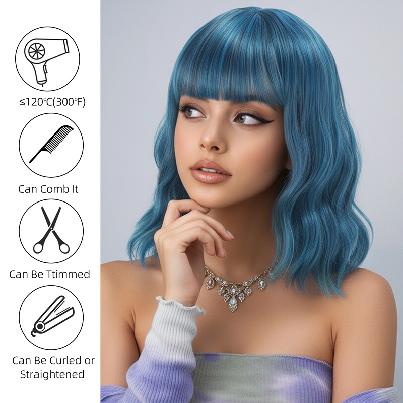 Perucă Yn130 scurtă, dreaptă, cu breton, fibre sintetice rezistente la temperatură, mecanism de fabricație