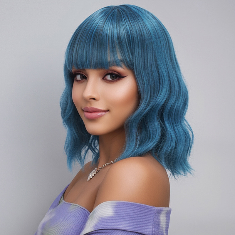 Perucă Yn130 scurtă, dreaptă, cu breton, fibre sintetice rezistente la temperatură, mecanism de fabricație