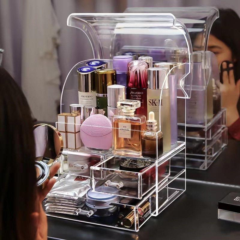 Cutie de depozitare pentru cosmetice - Carcasă transparentă PS cu capac și compartimente, 18L, Rezistentă la praf, Organizator de birou pentru cosmetice