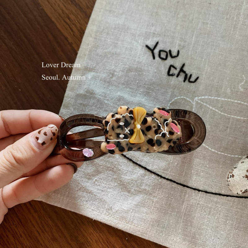 Twist klips za kosu s leopardim uzorkom i motivom medvjeda-štenca, ručna izrada, miješani materijali, korejski stil za žene, Love's dream