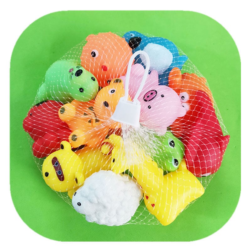 Παιδικά παιχνίδια μπάνιου με ζωάκια — πιεζόμενα και ήχο, κατάλληλα για βρέφη 0-3 ετών; συσκευασία με διχτυωτό σάκο