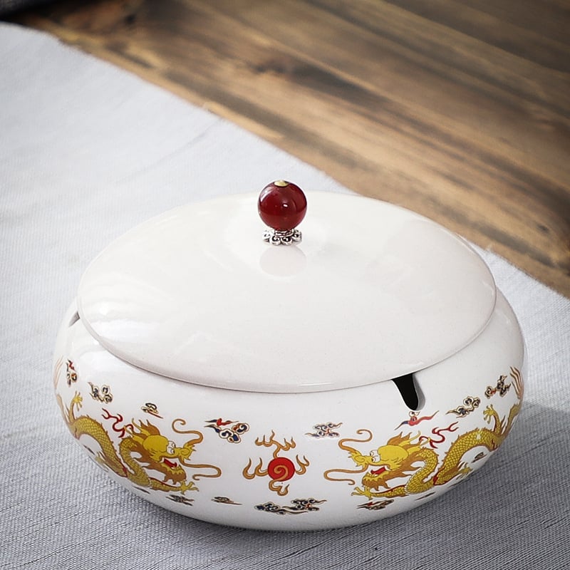 Keramički pepeljara s poklopcem, europski stil, motiv zmaja, zaštita od rasipanja pepela, za ured i dom