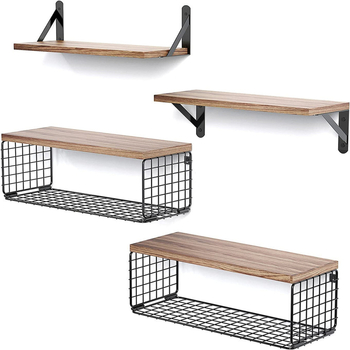 Ξύλινο επιτοίχιο ράφι με δύο επίπεδα αποθήκευσης και καλάθι καλωδίων, για μπάνιο, υπνοδωμάτιο και κουζίνα