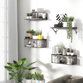 Ξύλινο επιτοίχιο ράφι με δύο επίπεδα αποθήκευσης και καλάθι καλωδίων, για μπάνιο, υπνοδωμάτιο και κουζίνα