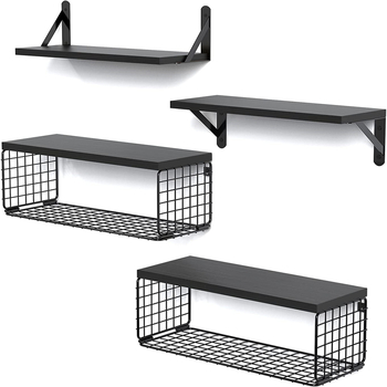 Ξύλινο επιτοίχιο ράφι με δύο επίπεδα αποθήκευσης και καλάθι καλωδίων, για μπάνιο, υπνοδωμάτιο και κουζίνα