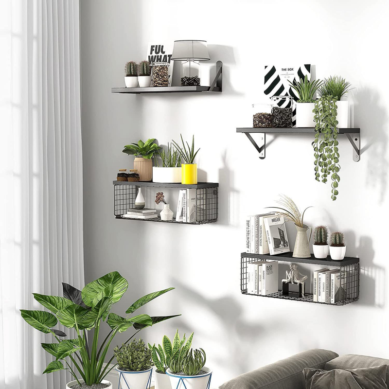 Ξύλινο επιτοίχιο ράφι με δύο επίπεδα αποθήκευσης και καλάθι καλωδίων, για μπάνιο, υπνοδωμάτιο και κουζίνα