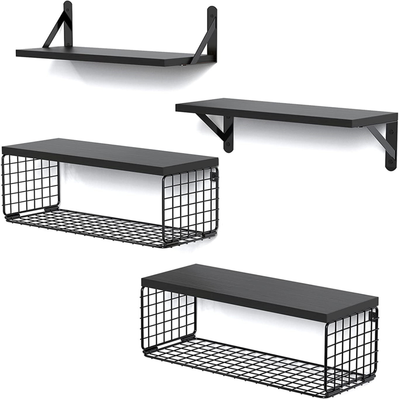 Ξύλινο επιτοίχιο ράφι με δύο επίπεδα αποθήκευσης και καλάθι καλωδίων, για μπάνιο, υπνοδωμάτιο και κουζίνα