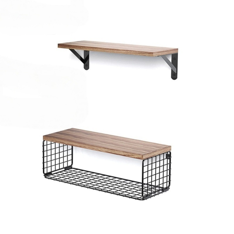 Ξύλινο επιτοίχιο ράφι με δύο επίπεδα αποθήκευσης και καλάθι καλωδίων, για μπάνιο, υπνοδωμάτιο και κουζίνα