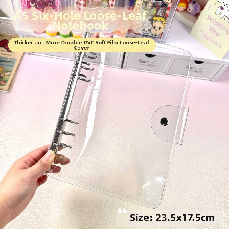 Korica za listove s PVC kućištem, mekani kožni izgled i prozirni zaštitni preklop; 6 rupa, prilagodljivo