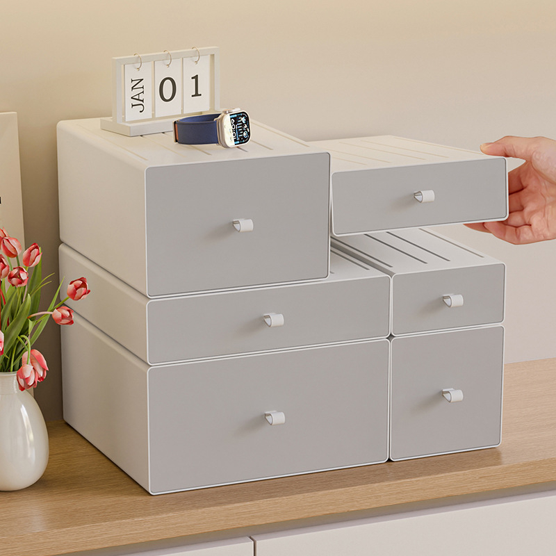 Cutie de depozitare pentru birou din plastic PS, model 8875, cu mâner, poate fi stivuită, deschidere prin tragere