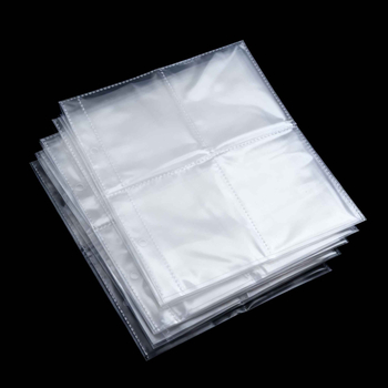 Pagini interioare transparente pentru mini-album de cărți poștale – aranjament cu grile 1/2/4, material PP, 1 foaie, găuri personalizabile și posibilitatea imprimării siglei