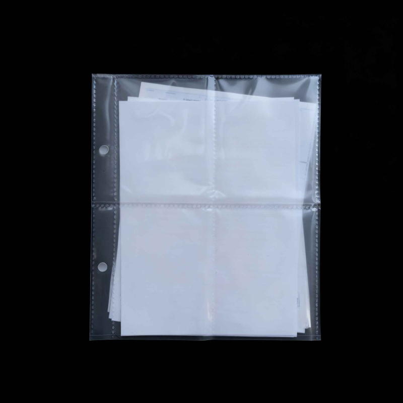 Pagini interioare transparente pentru mini-album de cărți poștale – aranjament cu grile 1/2/4, material PP, 1 foaie, găuri personalizabile și posibilitatea imprimării siglei