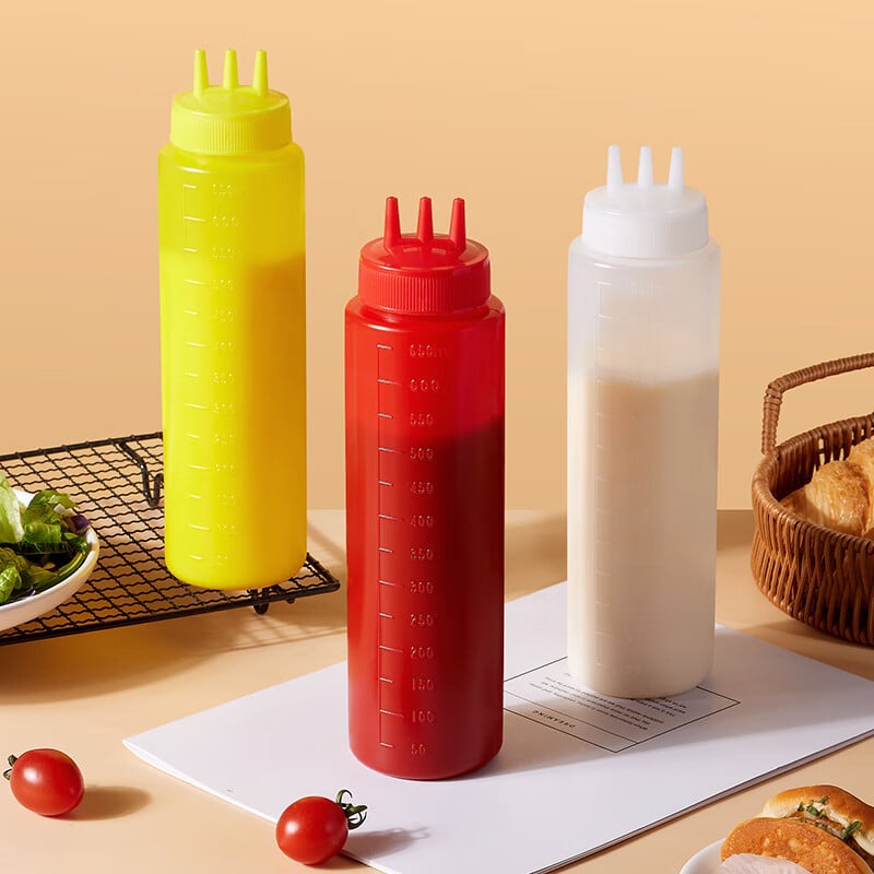 Sticlă din plastic pentru presare în bucătărie, cu capac și scară de măsurare, pentru ketchup, dressing de salată și dulceață