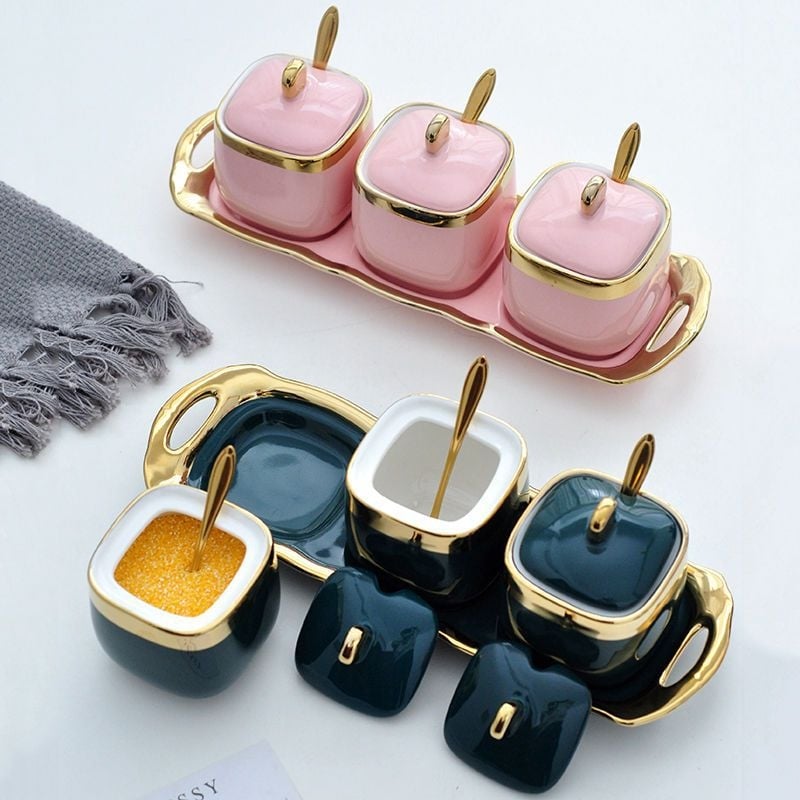 Set ceramic pentru condimente în stil chinezesc — recipient pentru sare, recipient pentru sos de soia, oțet, borcan pentru ulei de ardei iute și cutie pentru condimente