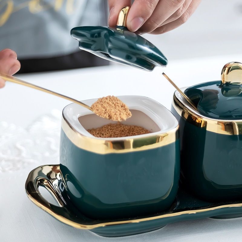 Set ceramic pentru condimente în stil chinezesc — recipient pentru sare, recipient pentru sos de soia, oțet, borcan pentru ulei de ardei iute și cutie pentru condimente