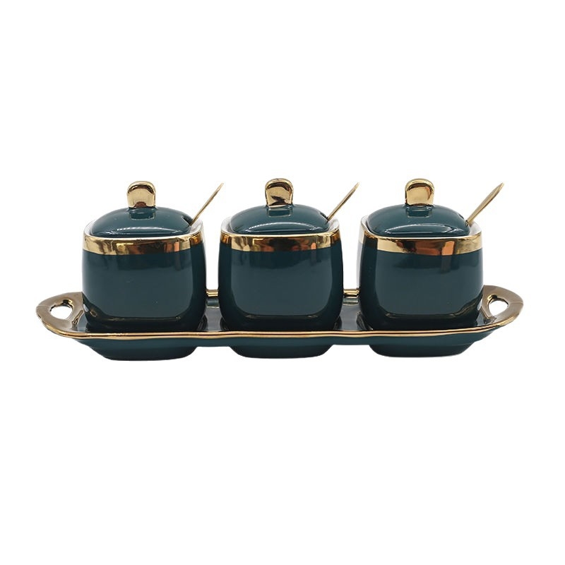 Set ceramic pentru condimente în stil chinezesc — recipient pentru sare, recipient pentru sos de soia, oțet, borcan pentru ulei de ardei iute și cutie pentru condimente