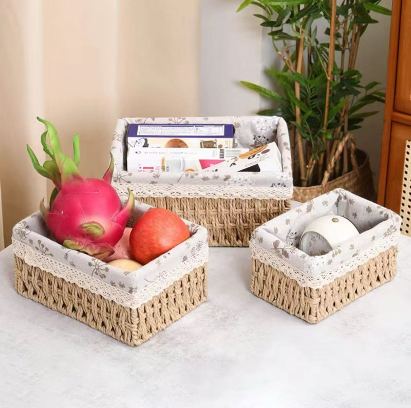 Pleteni spremnik za pohranu s poklopom, 18 L, papirnati uža i bojani željezni okvir, prugasti uzorak, moderni minimalistički stil