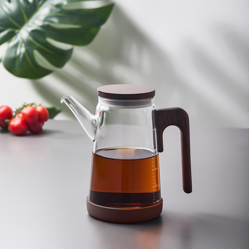 Recipient de ulei din sticlă cu capac și mâner din lemn de nuc, logo imprimat, stil modern minimalist