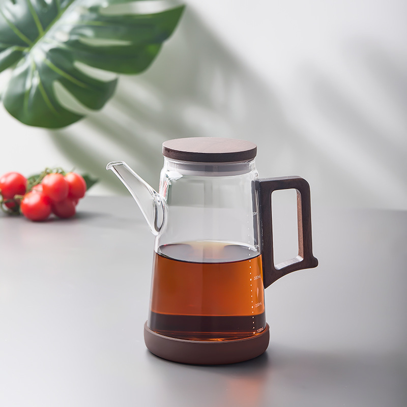 Recipient de ulei din sticlă cu capac și mâner din lemn de nuc, logo imprimat, stil modern minimalist