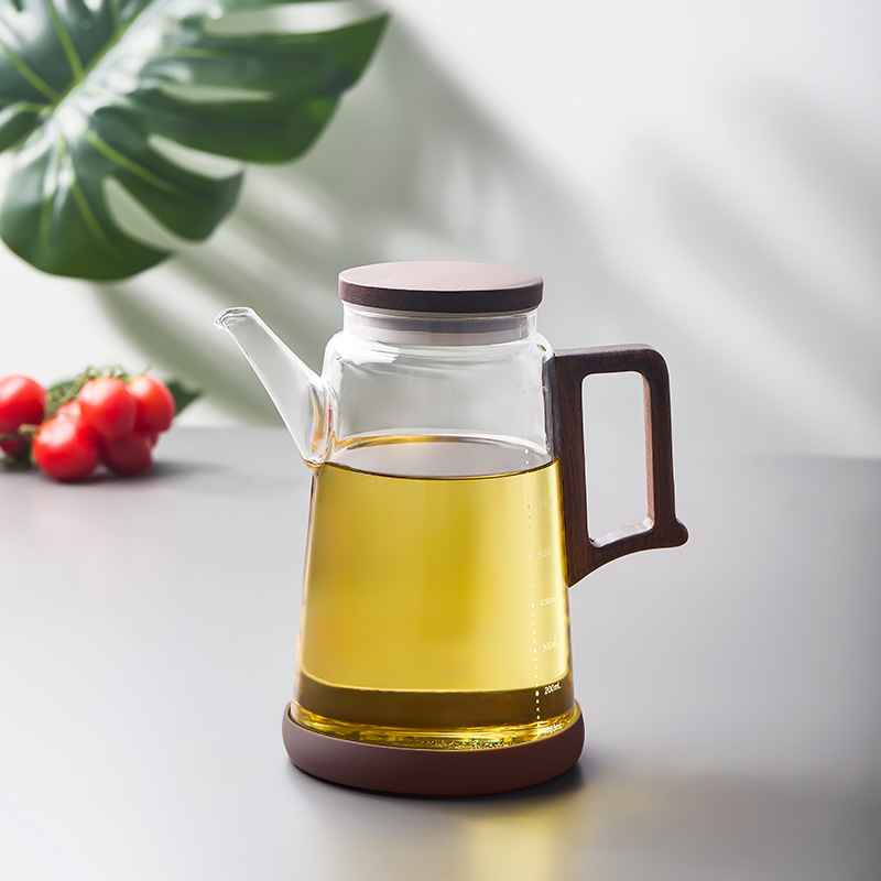 Recipient de ulei din sticlă cu capac și mâner din lemn de nuc, logo imprimat, stil modern minimalist