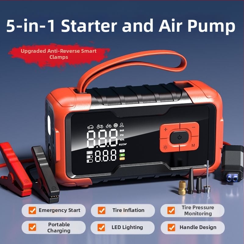 Sursă de pornire de urgență pentru mașină cu baterie Li, 12V, 80W, pompă aer 25 L/min, furtun 0,5 m, afișaj digital, LED