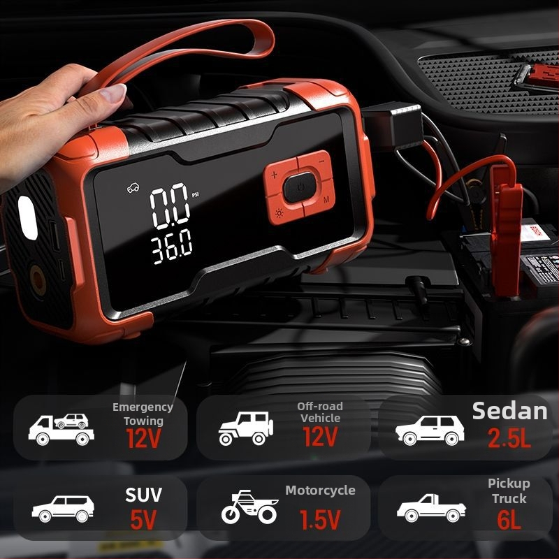 Sursă de pornire de urgență pentru mașină cu baterie Li, 12V, 80W, pompă aer 25 L/min, furtun 0,5 m, afișaj digital, LED