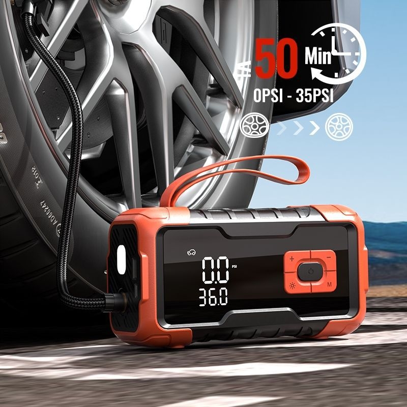 Sursă de pornire de urgență pentru mașină cu baterie Li, 12V, 80W, pompă aer 25 L/min, furtun 0,5 m, afișaj digital, LED