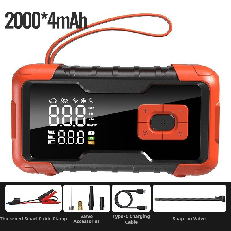 Sursă de pornire de urgență pentru mașină cu baterie Li, 12V, 80W, pompă aer 25 L/min, furtun 0,5 m, afișaj digital, LED