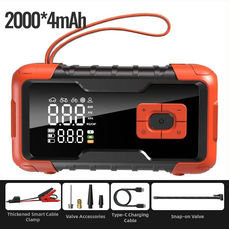 Sursă de pornire de urgență pentru mașină cu baterie Li, 12V, 80W, pompă aer 25 L/min, furtun 0,5 m, afișaj digital, LED