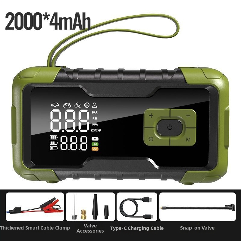 Sursă de pornire de urgență pentru mașină cu baterie Li, 12V, 80W, pompă aer 25 L/min, furtun 0,5 m, afișaj digital, LED