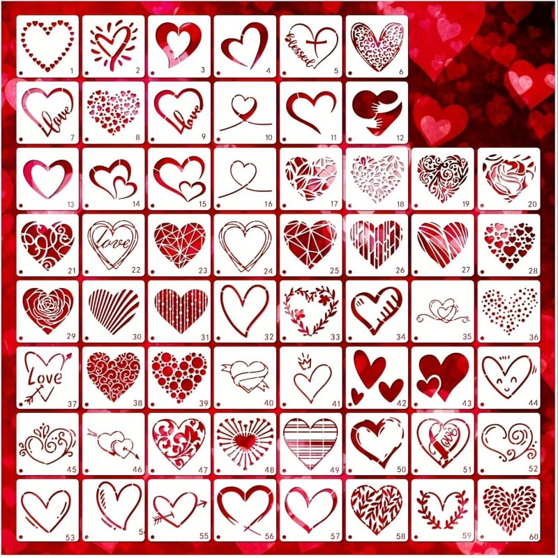 60 Șabloane de pictură cu inimă decupată — PET material