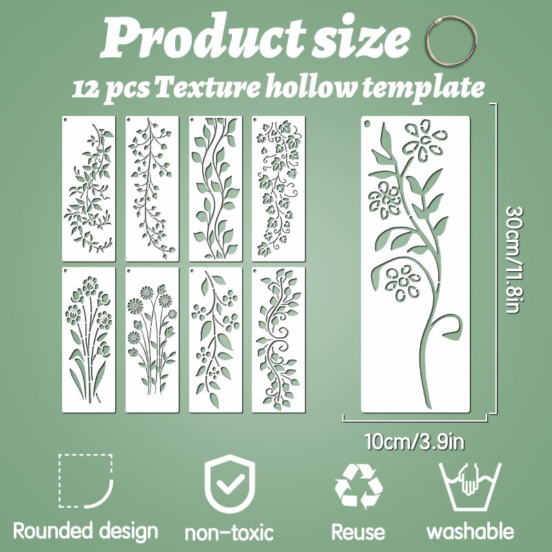 Șablon DIY pentru pictură cu decupaje, serie Viță de vie, 12 bucăți, PET material, reutilizabil