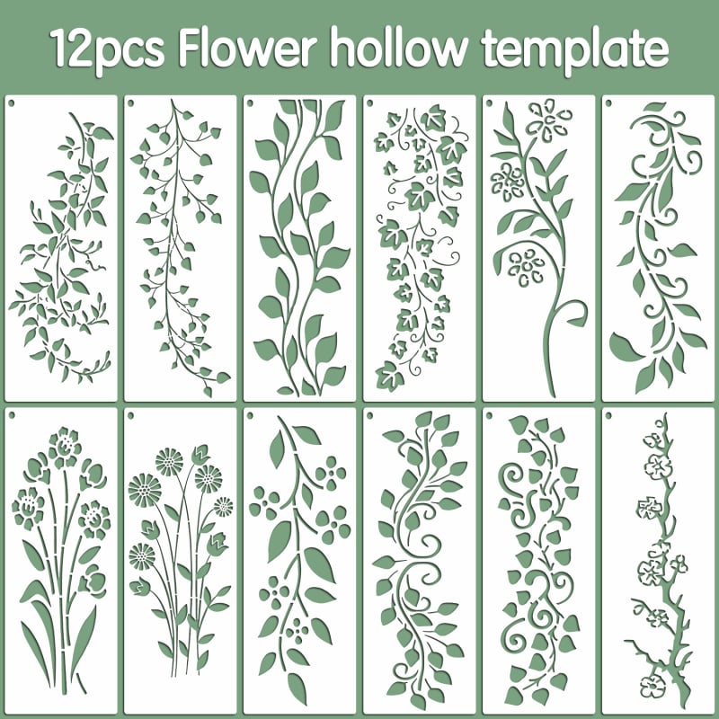 Șablon DIY pentru pictură cu decupaje, serie Viță de vie, 12 bucăți, PET material, reutilizabil