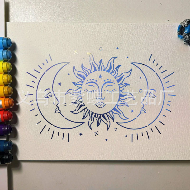 DIY šablona za zid: Sunčev bog i Mjesec, šuplji dizajn — PET materijal, marka Purple Butterfly; nije uvoz; bez IP autorizacije