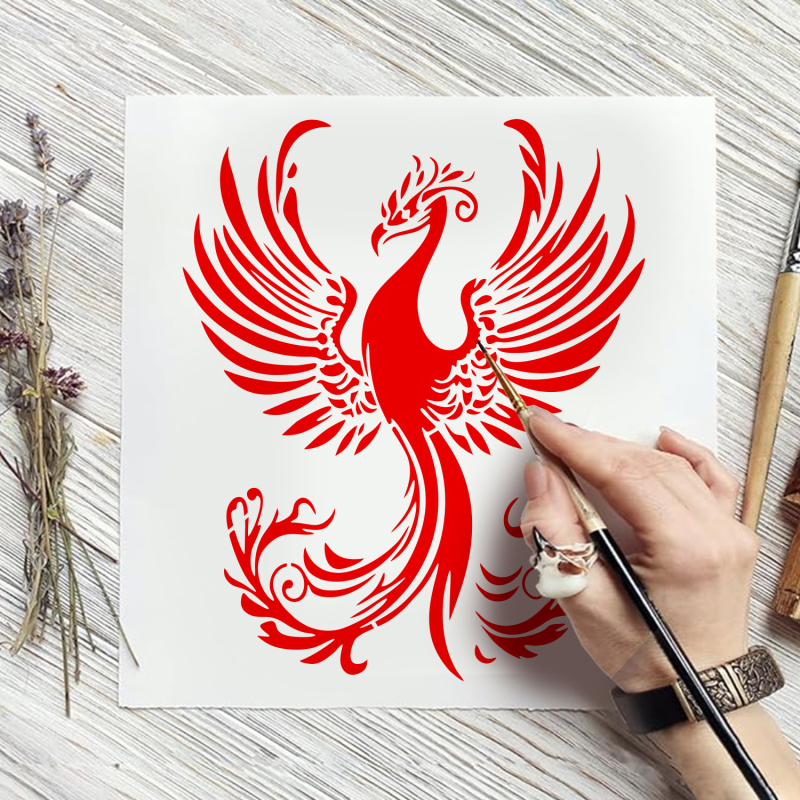 Owkjasw PET falikép-sablon – Phoenix Dance Nine Skies kivágott minta, DIY spray festéshez