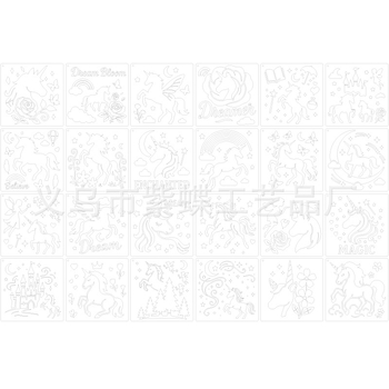 Egyszarvú sprayfesték sablonkészlet – DIY üres rajztábla; Termékkód SJX-58; Anyag PET; Márka Yiwu City Purple Butterfly Crafts Factory; Külföldi export exkluzív