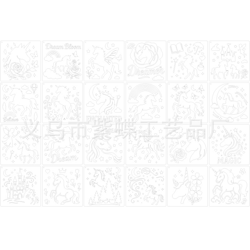 Egyszarvú sprayfesték sablonkészlet – DIY üres rajztábla; Termékkód SJX-58; Anyag PET; Márka Yiwu City Purple Butterfly Crafts Factory; Külföldi export exkluzív