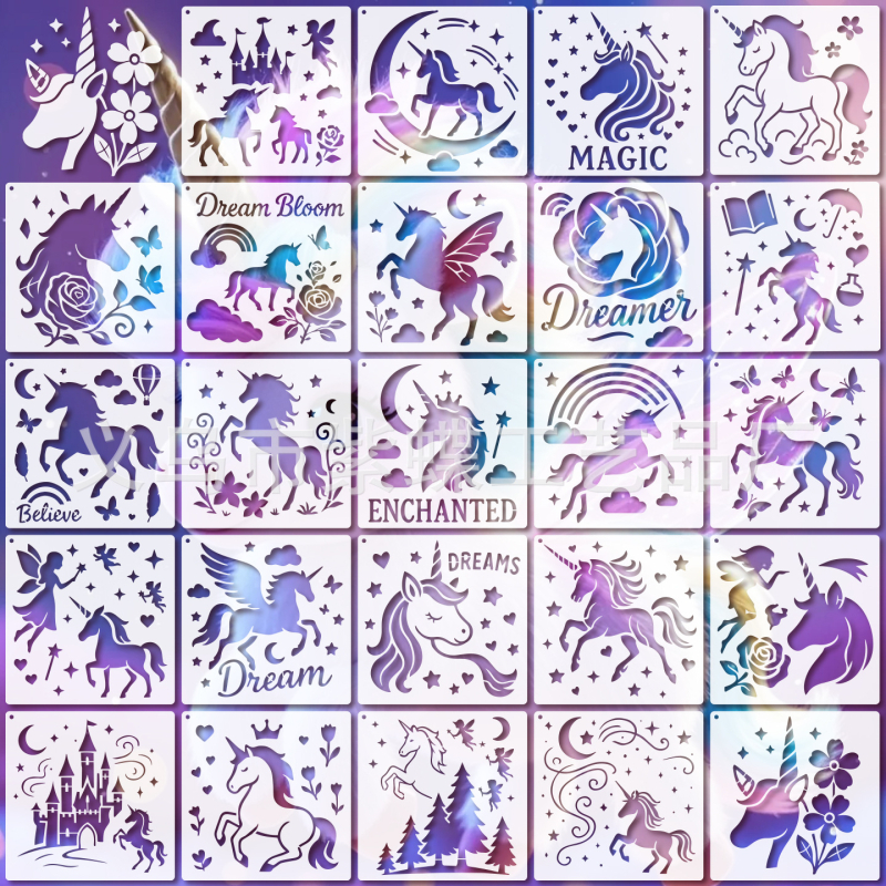 Egyszarvú sprayfesték sablonkészlet – DIY üres rajztábla; Termékkód SJX-58; Anyag PET; Márka Yiwu City Purple Butterfly Crafts Factory; Külföldi export exkluzív