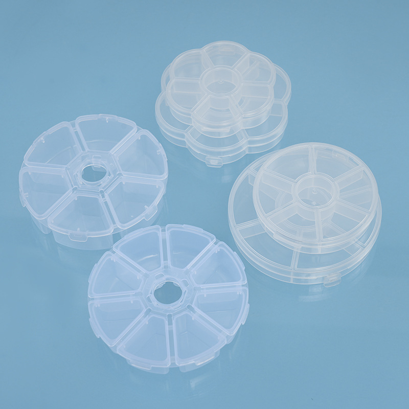 Kerek PP műanyag asztali tároló doboz osztókkal, átlátszó, 1 L kapacitás, 6-8 rekesz