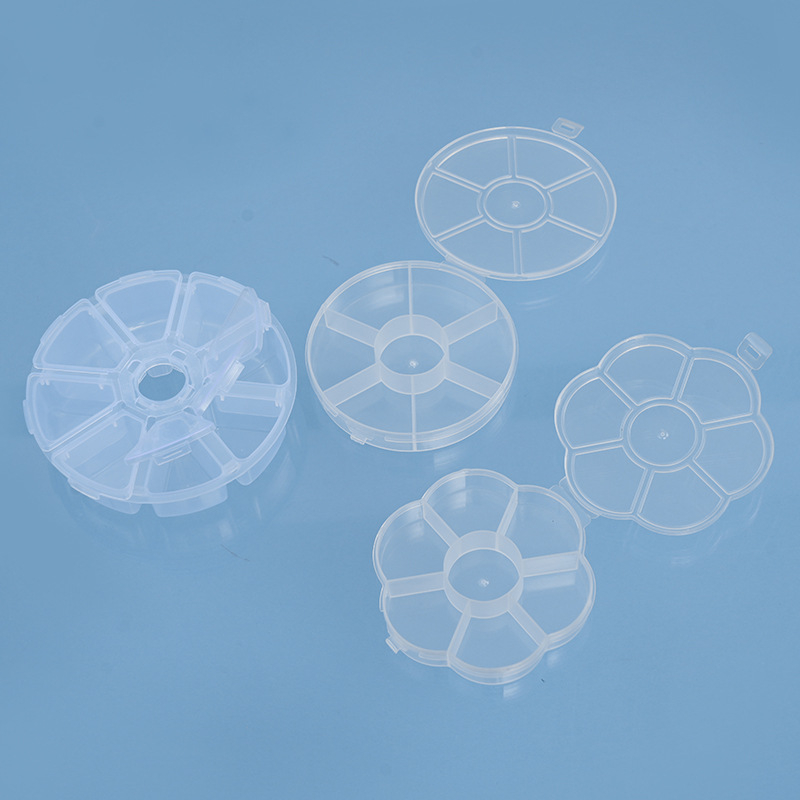 Kerek PP műanyag asztali tároló doboz osztókkal, átlátszó, 1 L kapacitás, 6-8 rekesz