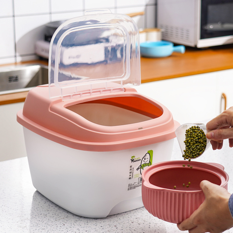 Boxă de depozitare a orezului cu capac etanș, rezistentă la umezeală și dăunători, din plastic PP, capacitate peste 10 litri