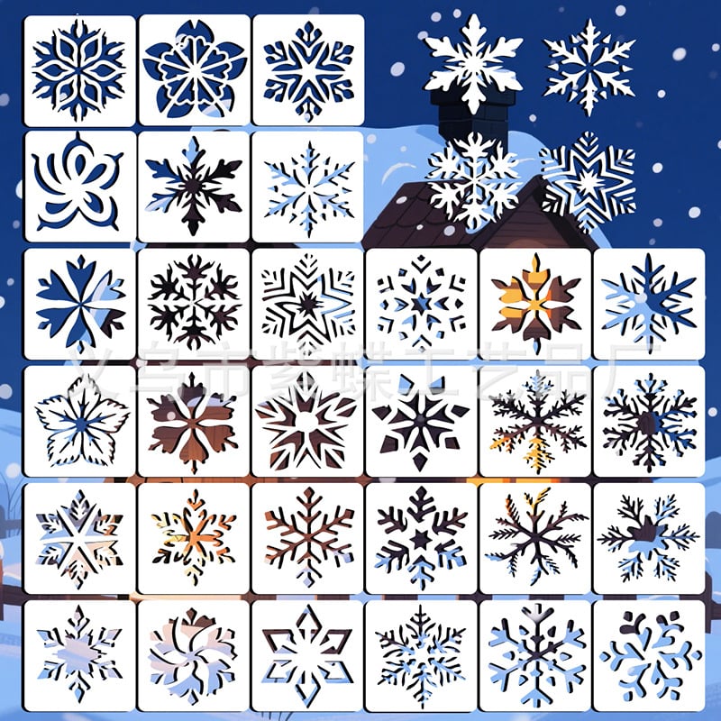 Hópehely ablakdekorációs festő sablon – PET anyag – Márka Yiwu Purple Butterfly Arts and Crafts Factory – IP-engedély nélkül