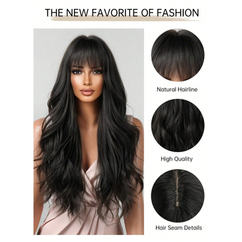 Perucă lungă, bucle mari, cu breton lateral, fibră sintetică rezistentă la căldură, stil natural, modelare facială, pentru femei