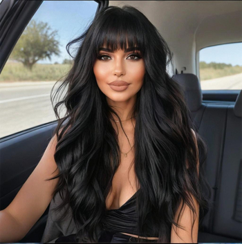 Perucă lungă, bucle mari, cu breton lateral, fibră sintetică rezistentă la căldură, stil natural, modelare facială, pentru femei