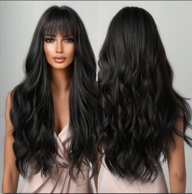 Perucă lungă, bucle mari, cu breton lateral, fibră sintetică rezistentă la căldură, stil natural, modelare facială, pentru femei