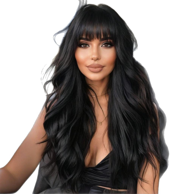 Perucă lungă, bucle mari, cu breton lateral, fibră sintetică rezistentă la căldură, stil natural, modelare facială, pentru femei