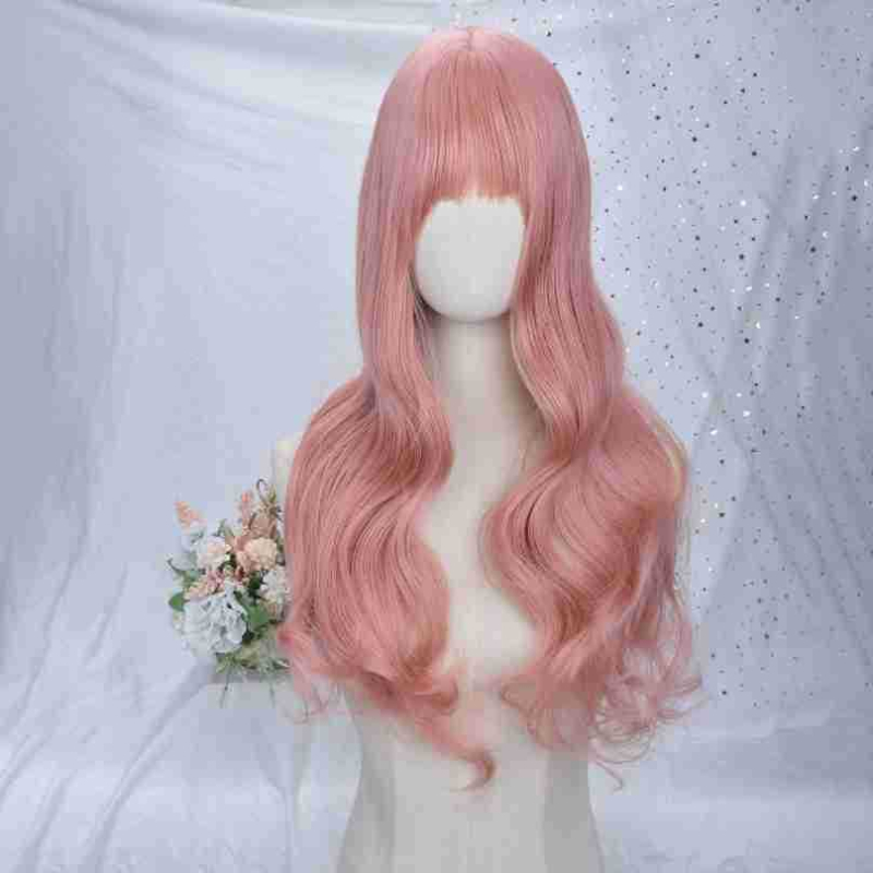 Perucă lungă, bucle mari, cu breton lateral, fibră sintetică rezistentă la căldură, stil natural, modelare facială, pentru femei