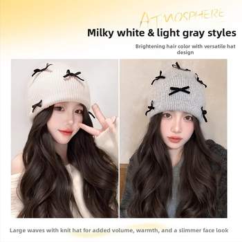 Pălărie-perucă pentru femei, detașabilă, păr lung buclat cu funda, căciulă tricotată