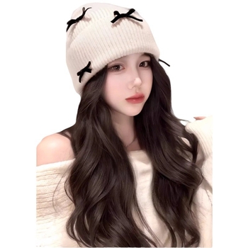 Pălărie-perucă pentru femei, detașabilă, păr lung buclat cu funda, căciulă tricotată