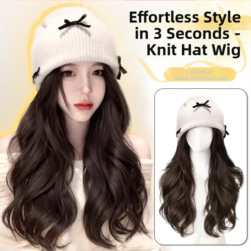 Pălărie-perucă pentru femei, detașabilă, păr lung buclat cu funda, căciulă tricotată